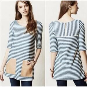Anthropologie Postmark Sapony Striped Tunic Blue White Faux Leather Size XS Boho